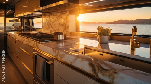 Sleek marble countertops and golden fixtures adorn the cabins galley kitchen, while the warm golden light from the sunset casts a soft glow throughout the space.
