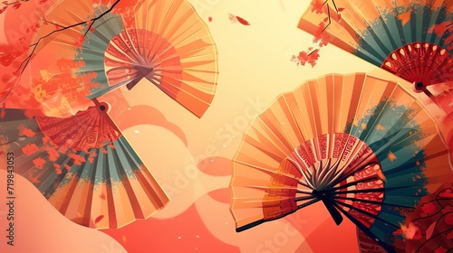 Chinese and Japanese traditional fan paper and bamboo abtract background - AI Generated Abstract Art
