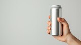 A human hand holding an aluminum soda can against a white backdrop, space, Generative AI.