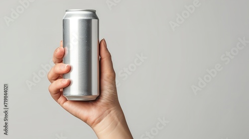 A human hand holding an aluminum soda can against a white backdrop, space, Generative AI.