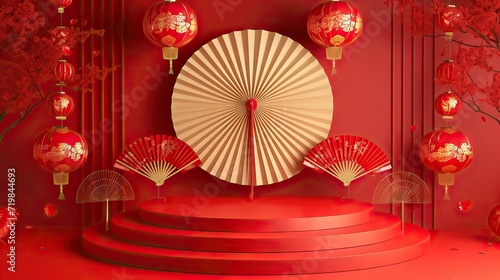 Red and gold podium round stage for happy Chinese new year 2024 with oriental asian style decorative paper fans - AI Generated Abstract Art