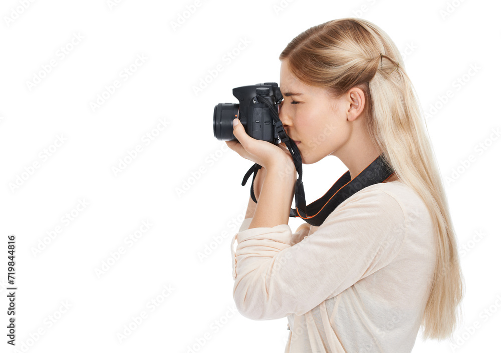 Photographer, camera and focus with woman and profile, take picture for art and photo journalist on white background. Mockup space, creativity and photography in studio for content creation with tech Photographer, camera and focus with woman and profile, take picture for art and photo journalist on white background. Mockup space, creativity and photography in studio for content creation with tech