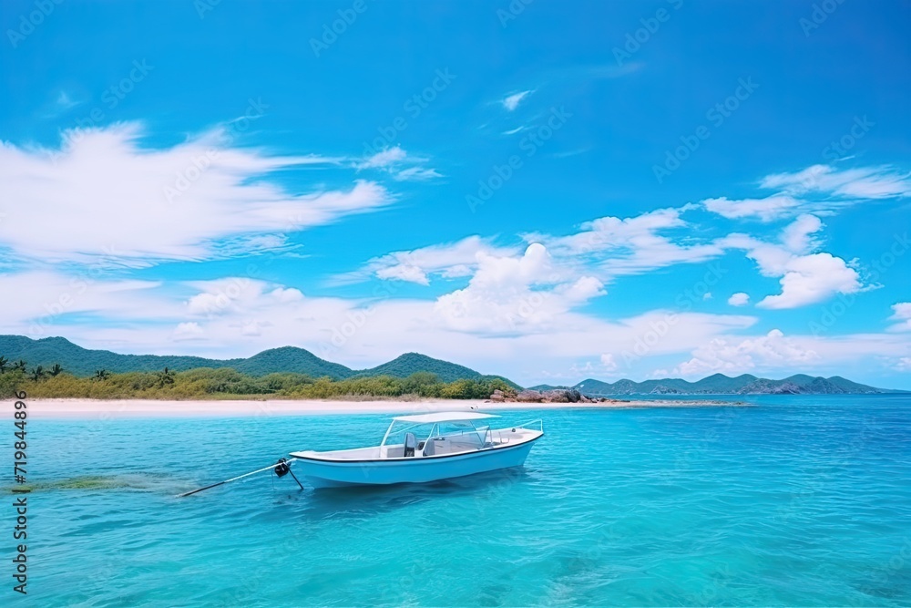 Naklejka premium Boat in turquoise ocean water against blue sky