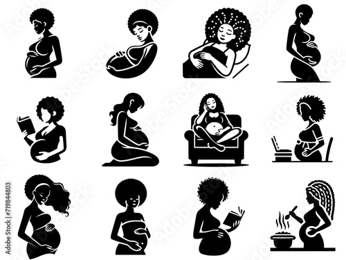 African Pregnant Women Graphics Vector Set,  Diverse Poses and Situations, Afro Braids Symbols