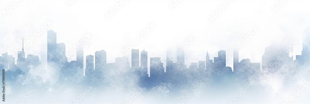 white blue watercolor background snowfall, christmas view blurred blizzard light blue snowflakes on a white city background. holiday theme, banner design