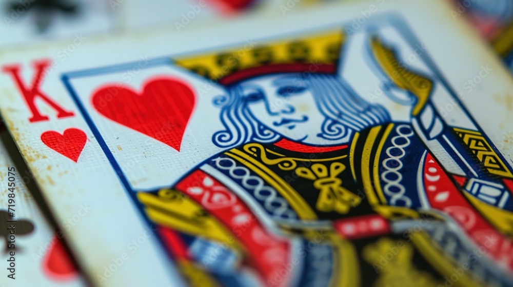 Fototapeta premium A close up view of a playing card featuring the Queen of Hearts. Perfect for casino-themed designs or card game illustrations