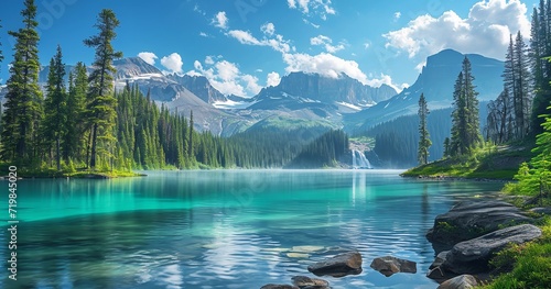 A lake aqua blue water with waterfall, green mountains and a valley a beautiful relaxing landscape, Generative AI.