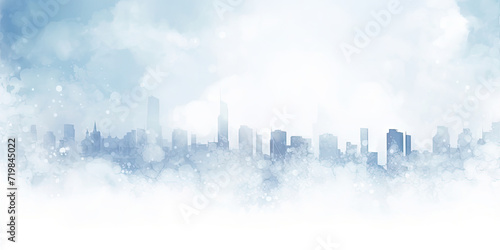 white blue watercolor background snowfall  christmas view blurred blizzard light blue snowflakes on a white city background. holiday theme  banner design