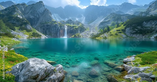 A lake aqua blue water with waterfall, green mountains and a valley a beautiful relaxing landscape, Generative AI.