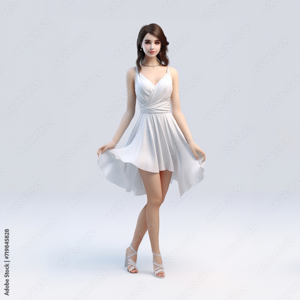 Fashion-forward full-body portrait showcases beautiful woman in enchanting long white dress, smooth fabric, radiating sophistication on modern white gray setting. Generative AI. Fashion-forward full-body portrait showcases beautiful woman in enchanting long white dress, smooth fabric, radiating sophistication on modern white gray setting. Generative AI.