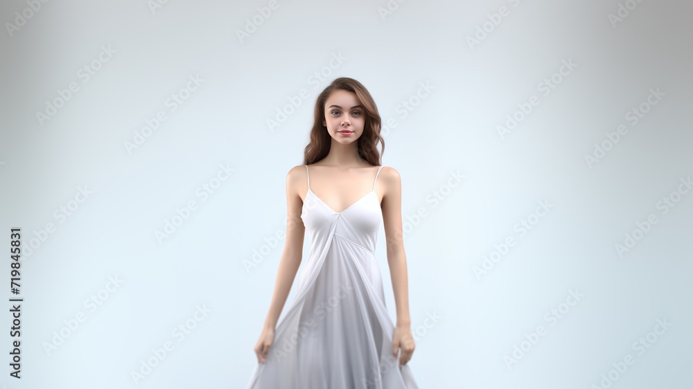 Fashion-forward full-body portrait showcases beautiful woman in enchanting long white dress, smooth fabric, radiating sophistication on modern white gray setting. Generative AI.