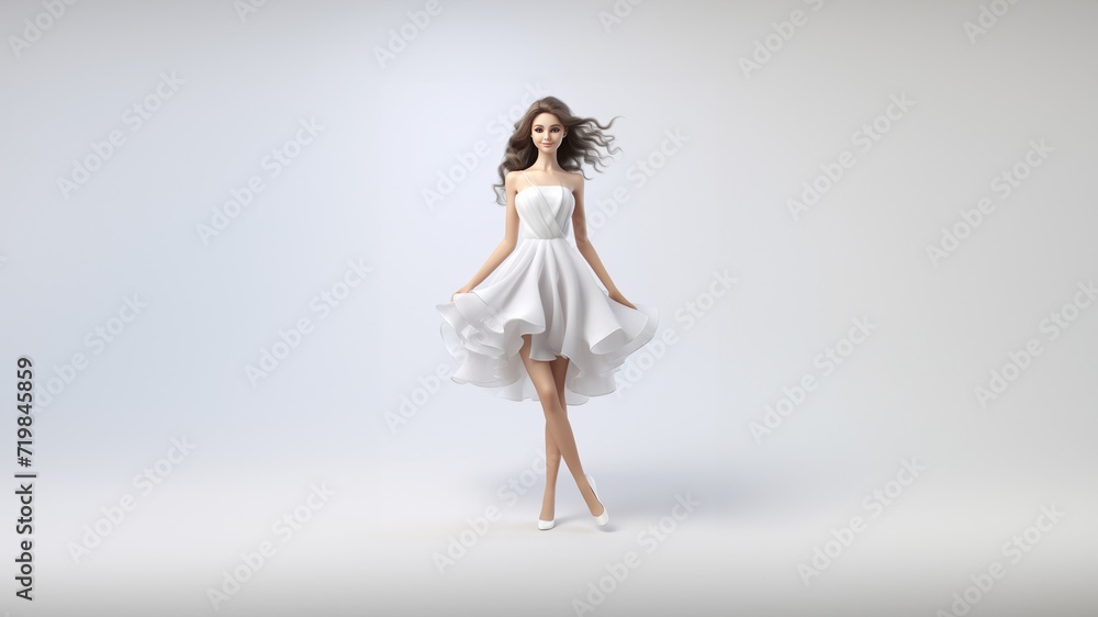 Naklejka premium full-body fashion portrait of a beautiful woman in a long, flowing white gala dress, the light fabric gracefully draping her figure against a chic white and gray background. Generative AI.