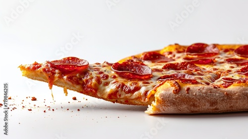 A mouthwatering piece of pepperoni pizza floating against a white backdrop  space  Generative AI.