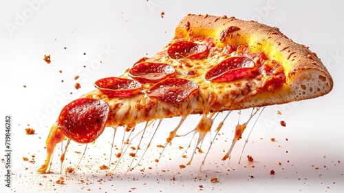 A mouthwatering piece of pepperoni pizza floating against a white backdrop, space, Generative AI.