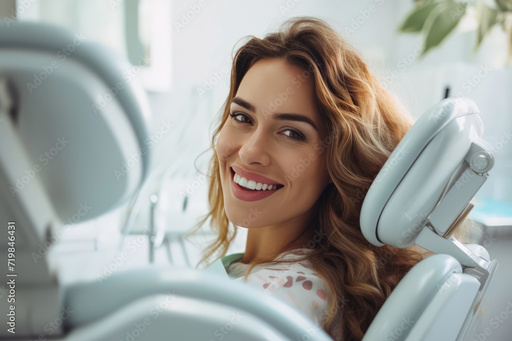 A happy woman is sitting in a dentist's chair and looking directly at the camera. Capture the positive atmosphere and her contentment during the dental visit A happy woman is sitting in a dentist's chair and looking directly at the camera. Capture the positive atmosphere and her contentment during the dental visit