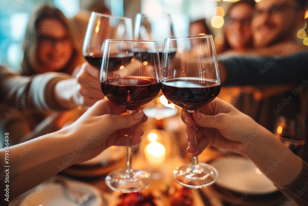 Group of friends is raising red wine glasses in a toast during a lively dinner party at a bar restaurant