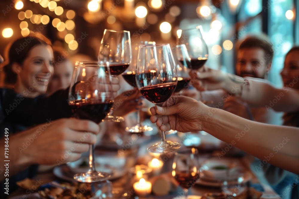 Group of friends is raising red wine glasses in a toast during a lively dinner party at a bar restaurant Group of friends is raising red wine glasses in a toast during a lively dinner party at a bar restaurant