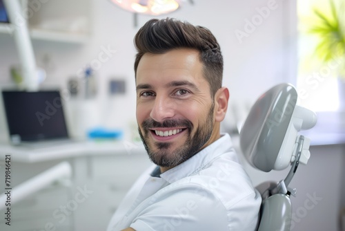 A happy man is sitting in a dentist's chair and looking directly at the camera. Capture the positive atmosphere and her contentment during the dental visit