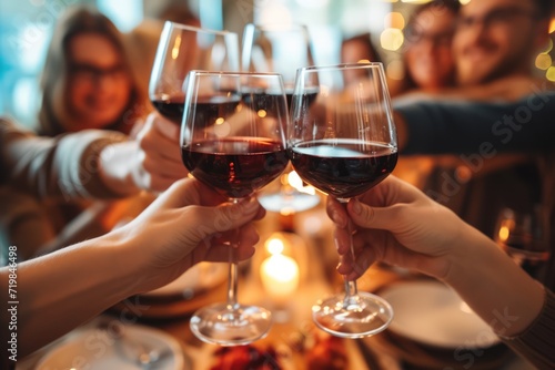 Group of friends is raising red wine glasses in a toast during a lively dinner party at a bar restaurant