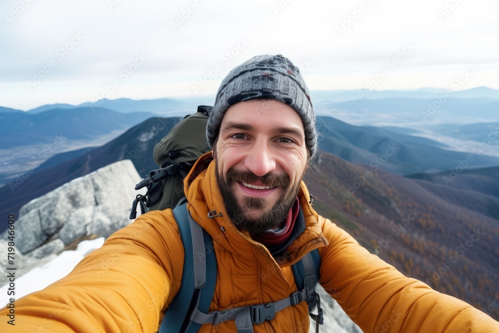 Hiker man reaches the summit of a mountain, capturing the triumphant moment by taking a selfie portrait. Convey the joy and accomplishment in his expression as he smiles at the camera