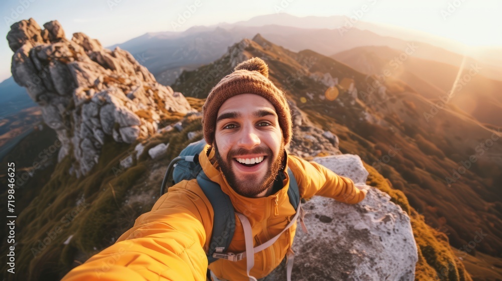 Hiker man reaches the summit of a mountain, capturing the triumphant moment by taking a selfie portrait. Convey the joy and accomplishment in his expression as he smiles at the camera Hiker man reaches the summit of a mountain, capturing the triumphant moment by taking a selfie portrait. Convey the joy and accomplishment in his expression as he smiles at the camera