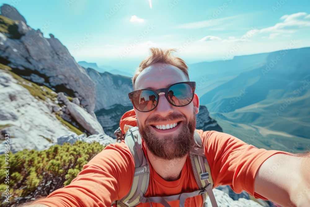 Hiker man reaches the summit of a mountain, capturing the triumphant moment by taking a selfie portrait. Convey the joy and accomplishment in his expression as he smiles at the camera Hiker man reaches the summit of a mountain, capturing the triumphant moment by taking a selfie portrait. Convey the joy and accomplishment in his expression as he smiles at the camera