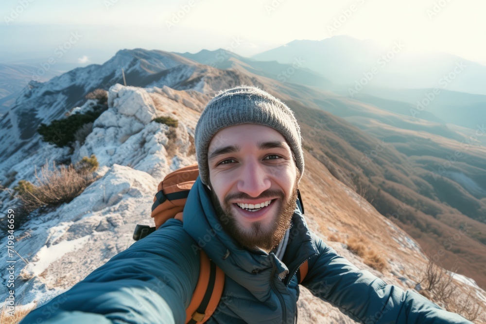 Hiker man reaches the summit of a mountain, capturing the triumphant moment by taking a selfie portrait. Convey the joy and accomplishment in his expression as he smiles at the camera Hiker man reaches the summit of a mountain, capturing the triumphant moment by taking a selfie portrait. Convey the joy and accomplishment in his expression as he smiles at the camera