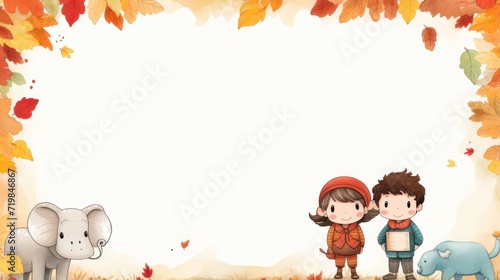 Copy space background border frame for children with an autumn theme  decorated with dry maple leaves.