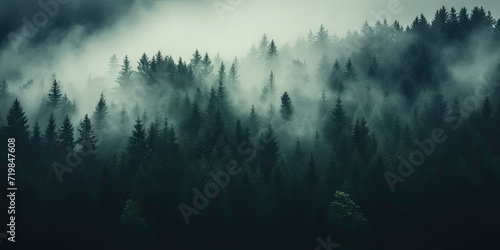 misty autumn coniferous evergreen forest with fog in the mountains, Misty landscape with fir forest in hipster vintage retro style. dark green forest lanscape panorama
