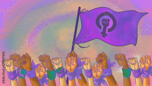 puños arriba con bandera 8m pañuelos violetas photo