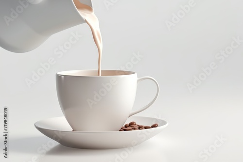Pouring Coffee with Milk into a White Cup, Crafted with Precision on a Blank White Surface, Generative AI