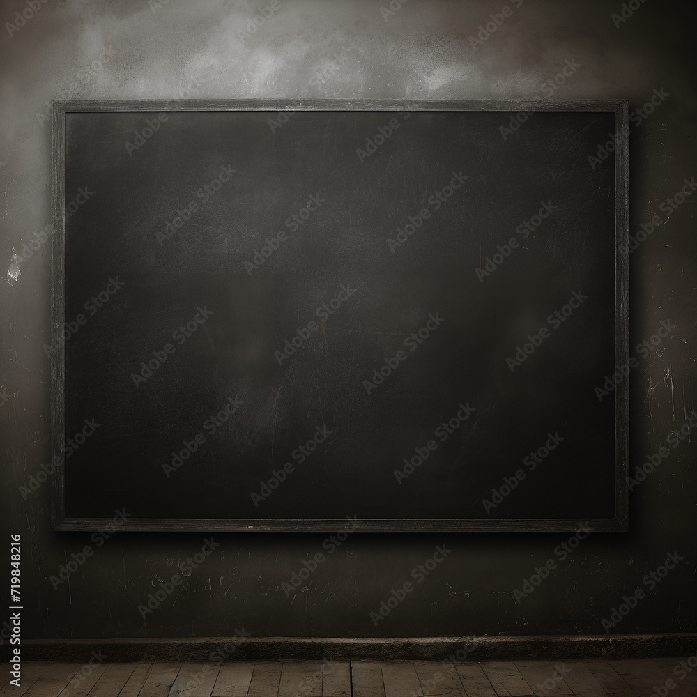 A blank blackboard on a wall. An old used black board on a grungy dim classroom. Generative AI. A blank blackboard on a wall. An old used black board on a grungy dim classroom. Generative AI.