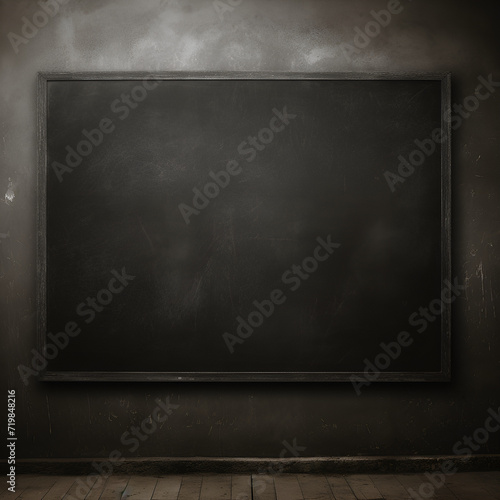 A blank blackboard on a wall. An old used black board on a grungy dim classroom. Generative AI.