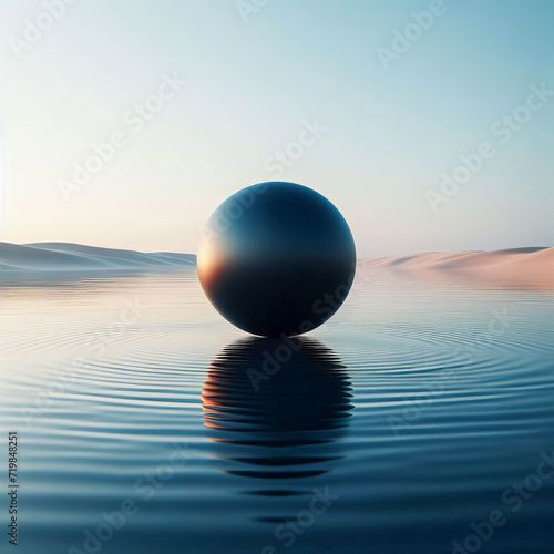 3D illustration of a black sphere floating in the water