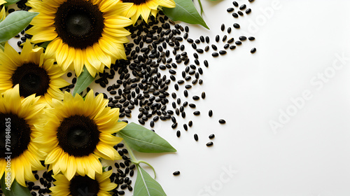 blossom bunch of fresh sunflowers and speared seeds on white background agricultural concept.