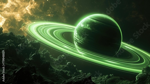 A neon gas giant its rings illuminated in shades of neon green.