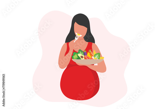 Pregnant woman eating healthy food vector illustration. Mother care concept