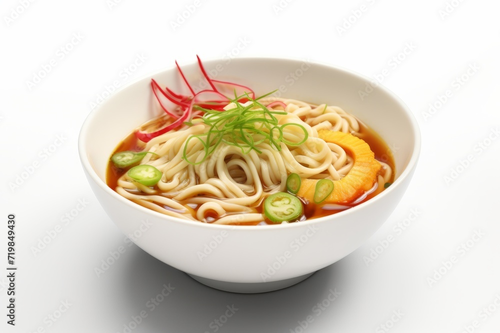 Delicious Ramen Soup with Garnishes, Placed in an Elegant Bowl, Against a Pure White Background, Generative AI Delicious Ramen Soup with Garnishes, Placed in an Elegant Bowl, Against a Pure White Background, Generative AI