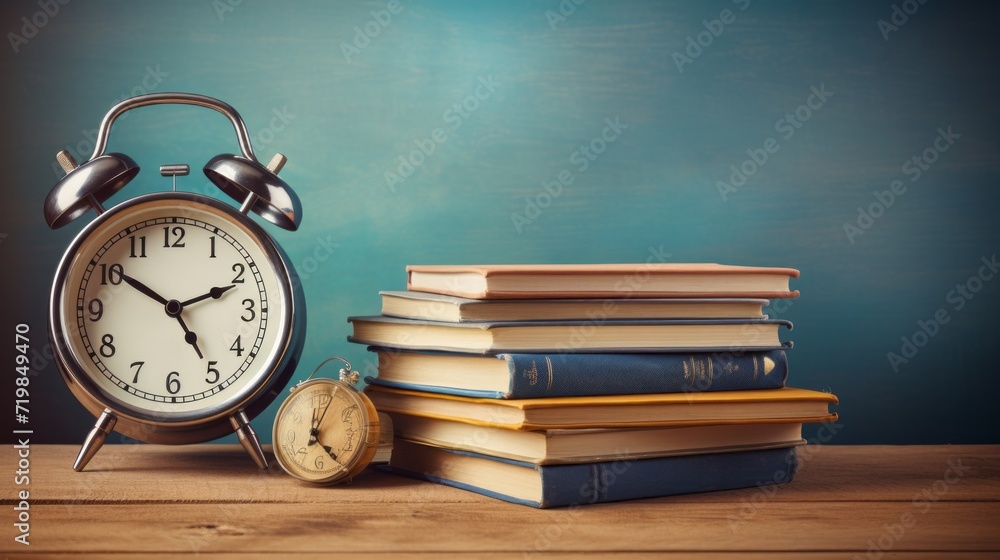 Cozy reading setup: stack of books and alarm clock on wooden table, warm tones Cozy reading setup: stack of books and alarm clock on wooden table, warm tones