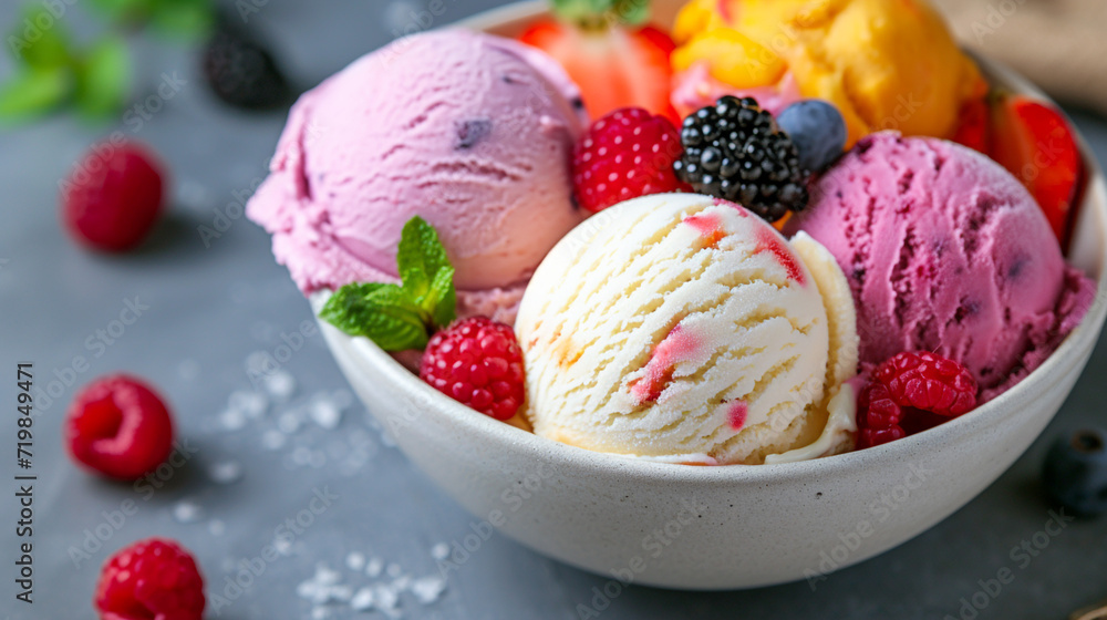 Ice cream ball with fruit flavors in a bowl black background. Ice cream ball with fruit flavors in a bowl black background.