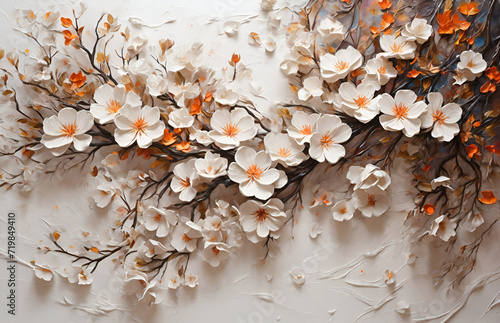 flowers floating in the wind through the branches of a tree with oil paints. Gorgeous white background