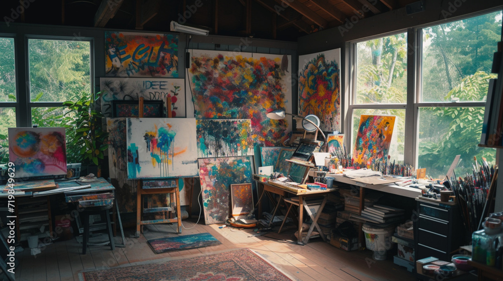 An eclectic artist's studio filled with vibrant colors, abstract paintings, and natural light. Mirrorless, prime lens, mid-morning, bohemian style