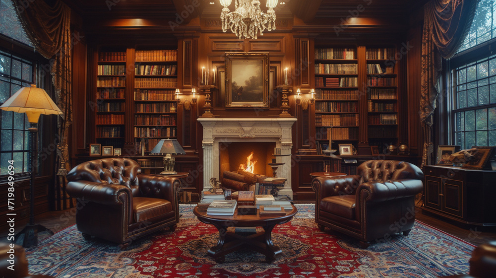An elegant home library with mahogany bookshelves, leather-bound books, and a fireplace. DSLR, telephoto lens, morning, classic style