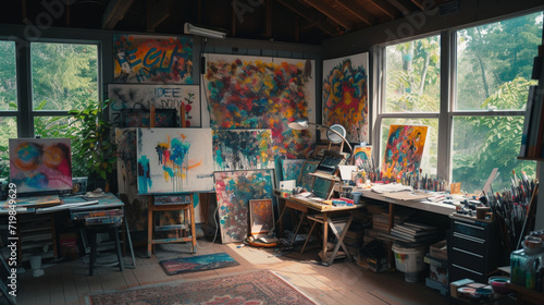 An eclectic artist's studio filled with vibrant colors, abstract paintings, and natural light. Mirrorless, prime lens, mid-morning, bohemian style © AI ARTS
