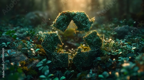 Abstract 3d green recycle symbol made with plants in nature with woods and grasses and a big copy space, Generative AI.