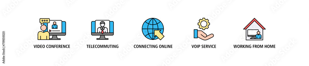 Remote working banner web icon vector illustration concept for working at home with icon of video conference, telecommuting, connecting online, voip, and working from home Remote working banner web icon vector illustration concept for working at home with icon of video conference, telecommuting, connecting online, voip, and working from home