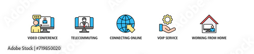 Remote working banner web icon vector illustration concept for working at home with icon of video conference, telecommuting, connecting online, voip, and working from home