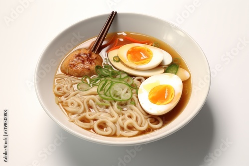 Japanese Ramen Soup, Featuring Rich Broth and Tantalizing Ingredients, Set Against a White Backdrop, Generative AI