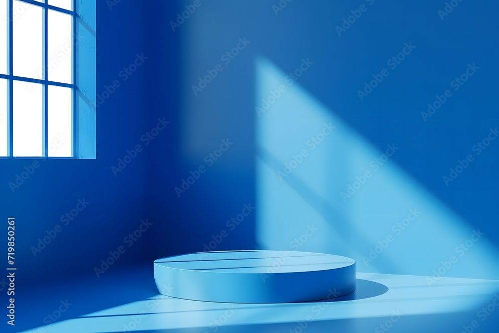Interior corner wall room blue 3d background of abstract window light stage scene or empty product studio showroom display and blank presentation podium pedestal platform perspective table backdrop Interior corner wall room blue 3d background of abstract window light stage scene or empty product studio showroom display and blank presentation podium pedestal platform perspective table backdrop