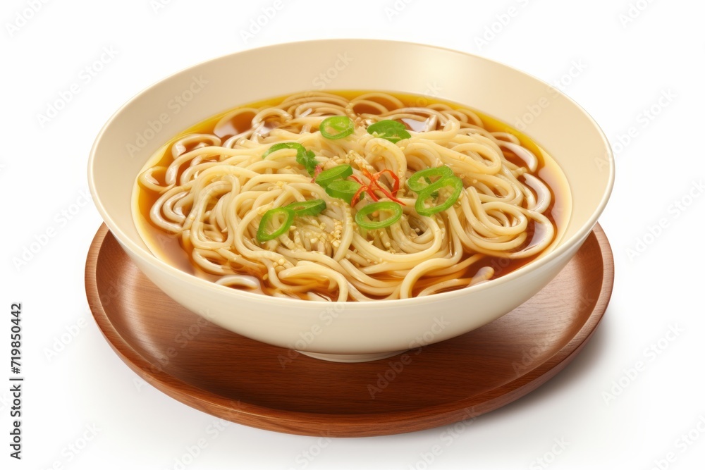 Mouthwatering Ramen Soup, Featuring Delicate Noodles and Tasty Broth, Presented on an Isolated White Backdrop, Generative AI